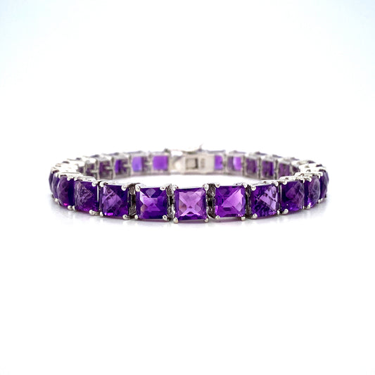 Natural Amethyst Square Gemstone 925 Sterling Silver Tennis Bracelet