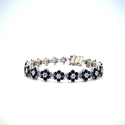 Natural Blue  Sapphire And Diamond  Gemstone 925 Sterling Silver Tennis Bracelet
