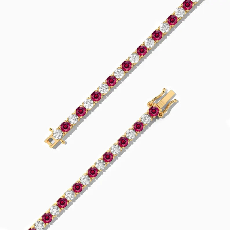 14K Natural Burma Ruby Diamond Tennis Gold Bracelet