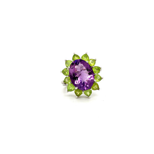 Natural Amethyst and Peridot Gemstone 925 Sterling Silver Ring | Paraiso Jewels