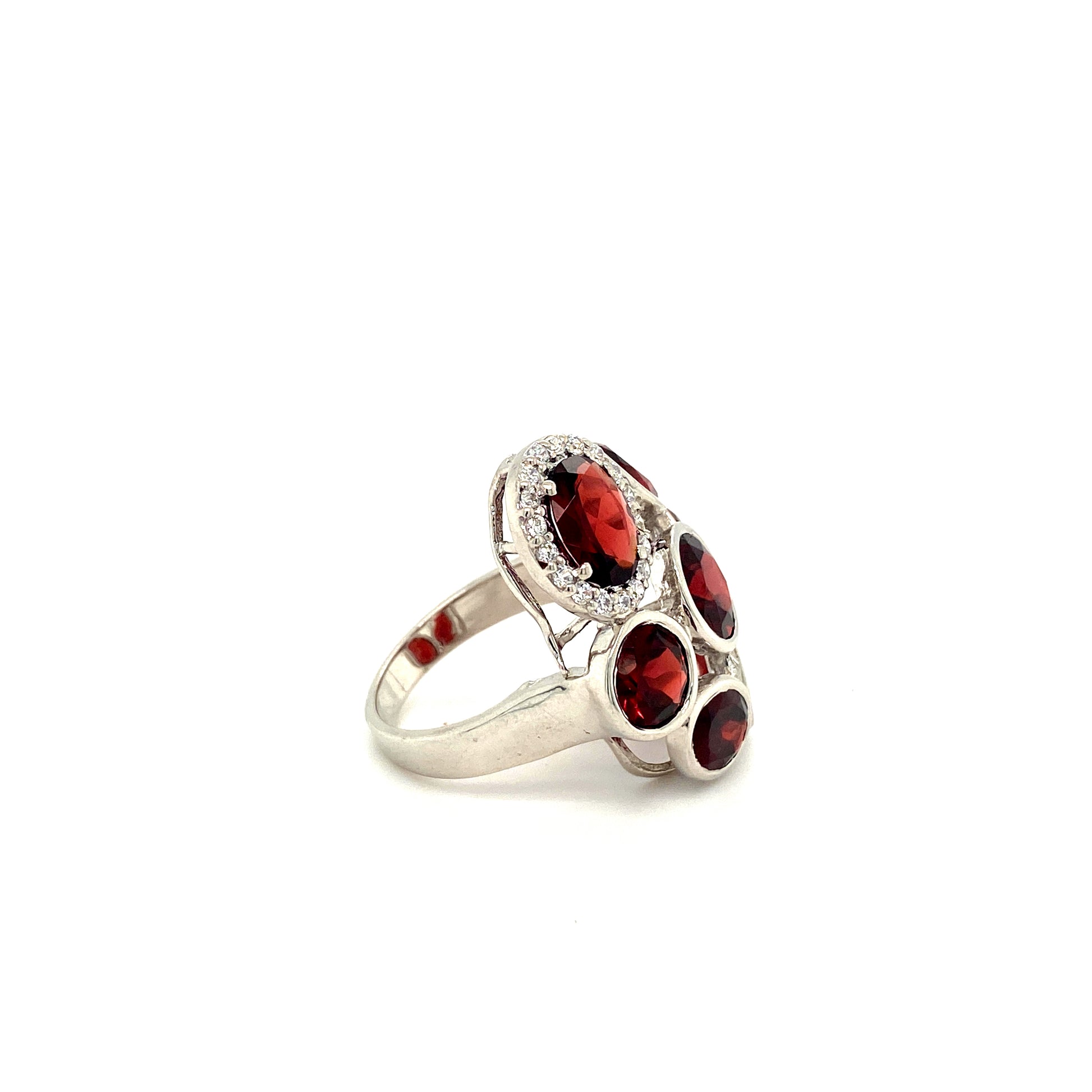 Natural Garnet and Diamond Gemstone 925 Sterling Silver Ring - Side View | Paraiso Jewels