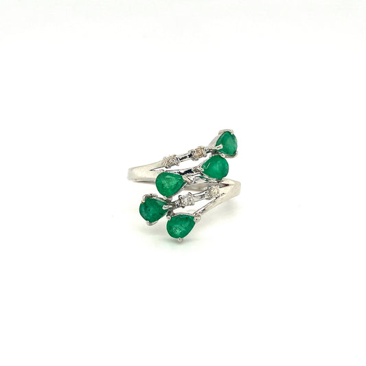 925 Sterling Silver Emerald Diamond Fine Gemstone Ring