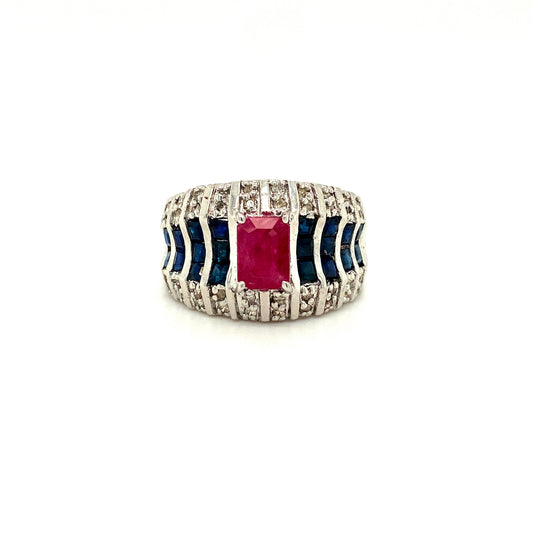 Natural Ruby Blue Sapphire Diamond Gemstone 925 Sterling Silver Ring | Paraiso Jewels