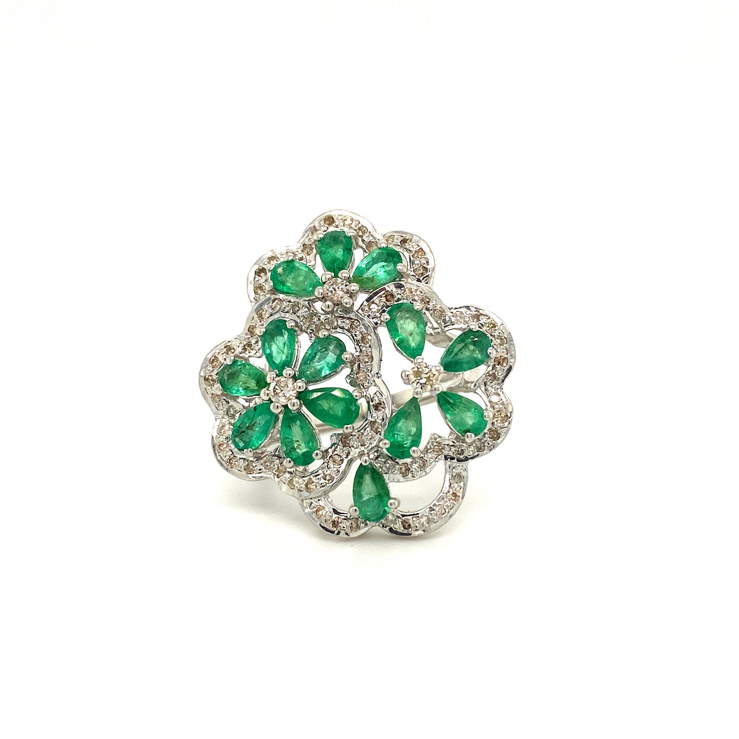 Floral Diamond Emerald Gemstone 925 Sterling Silver Ring | Paraiso Jewels