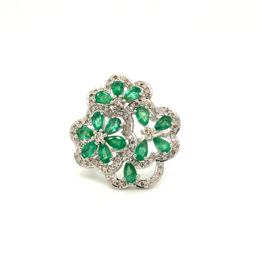 Floral Diamond Emerald Gemstone 925 Sterling Silver Ring | Paraiso Jewels