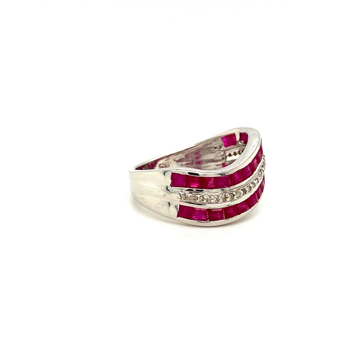 Natural Ruby Wave Diamond Gemstone 925 Sterling Silver Ring - Side View | Paraiso Jewels