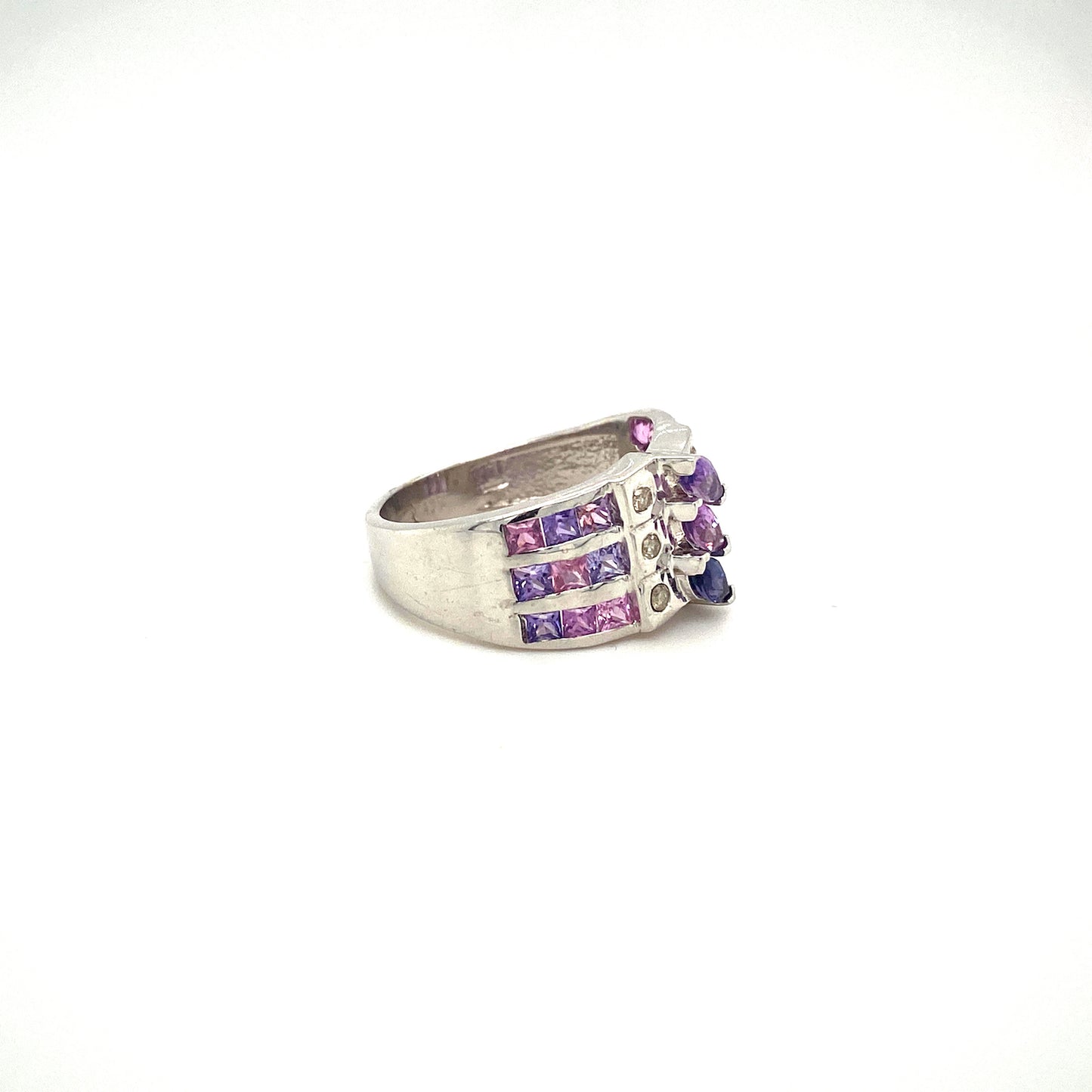 Natural Multi Sapphire and Diamond Gemstone 925 Sterling Silver Ring - Side View | Paraiso Jewels