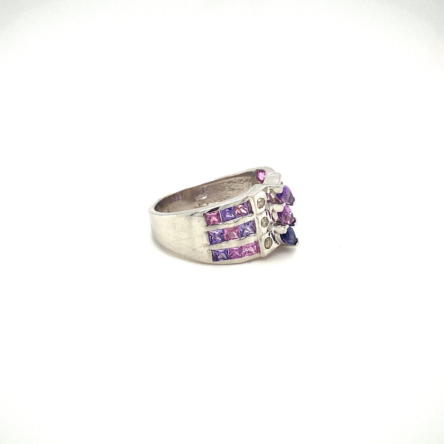 Natural Multi Sapphire and Diamond Gemstone 925 Sterling Silver Ring - Side View | Paraiso Jewels
