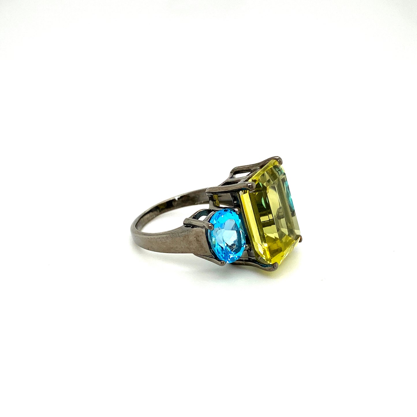 Natural Lemon Topaz and Blue Topaz Gemstone 925 Sterling Silver Ring - Side View | Paraiso Jewels