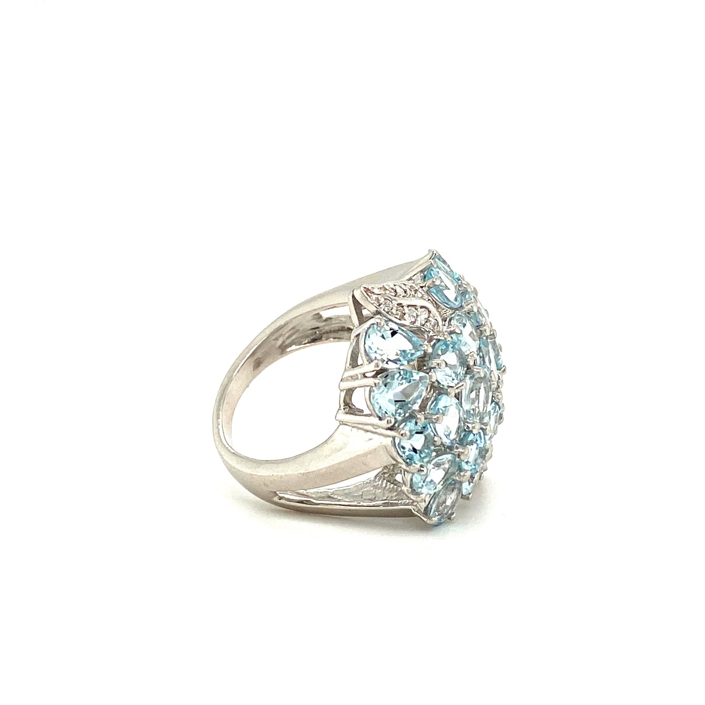 Natural Aquamarine and Diamond Gemstone 925 Sterling Silver Cocktail Ring - Side View | Paraiso Jewels