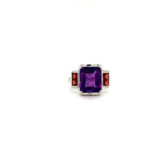 Natural Amethyst Solitaire and Garnet Ring 925 Sterling Silver | Paraiso Jewels