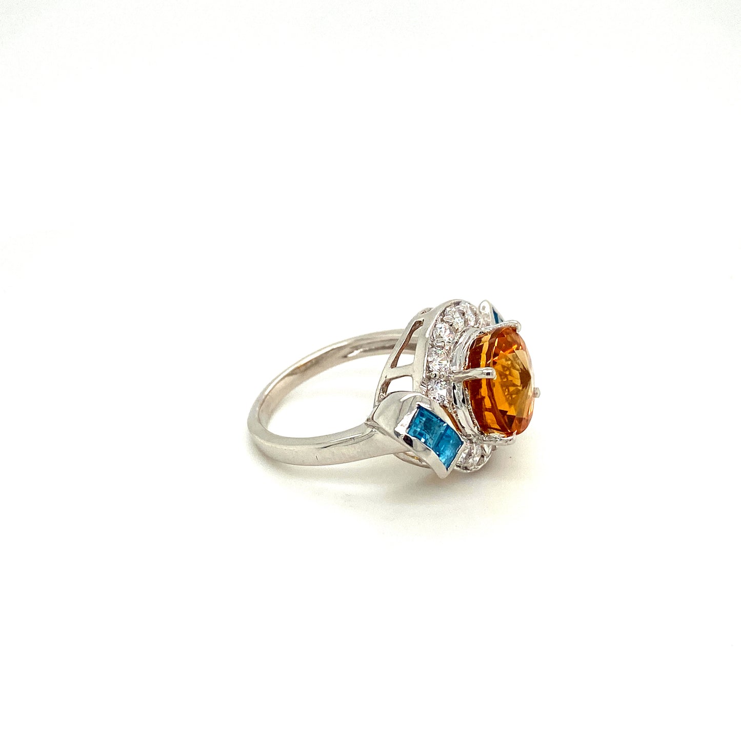 Natural Citrine Blue Topaz and Diamond Gemstone 925 Sterling Silver Ring - Side View | Paraiso Jewels