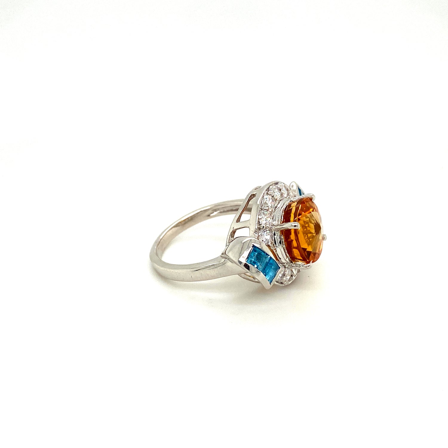 Natural Citrine Blue Topaz and Diamond Gemstone 925 Sterling Silver Ring - Side View | Paraiso Jewels