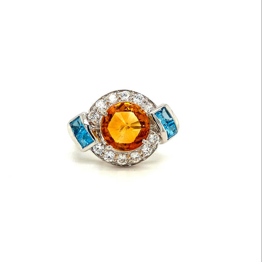 Natural Citrine Blue Topaz and Diamond Gemstone 925 Sterling Silver Ring | Paraiso Jewels