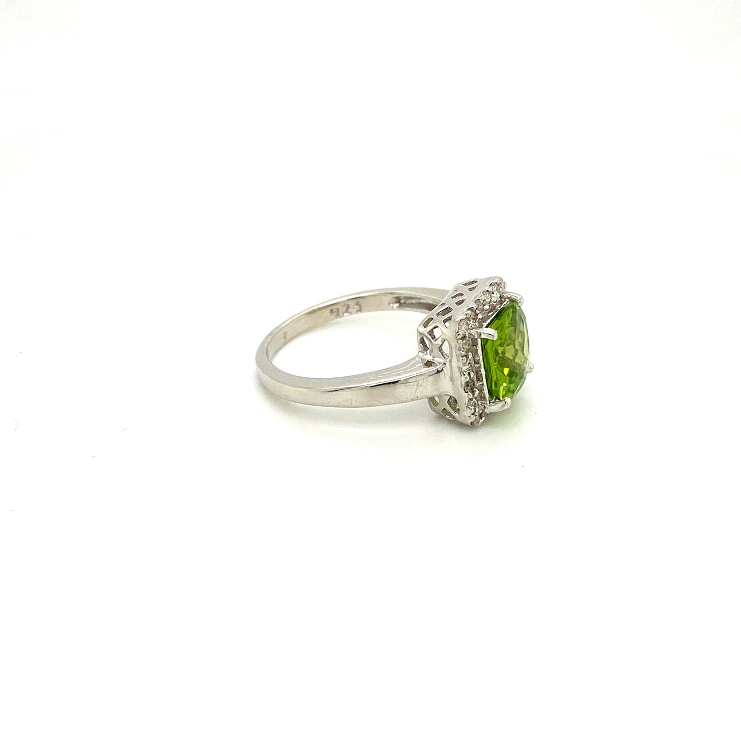 Natural Peridot and Diamond Gemstone 925 Sterling Silver Ring - Side View | Paraiso Jewels