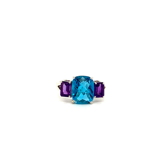 Natural Blue Topaz Amethyst Gemstone 925 Sterling Silver Ring | Paraiso Jewels