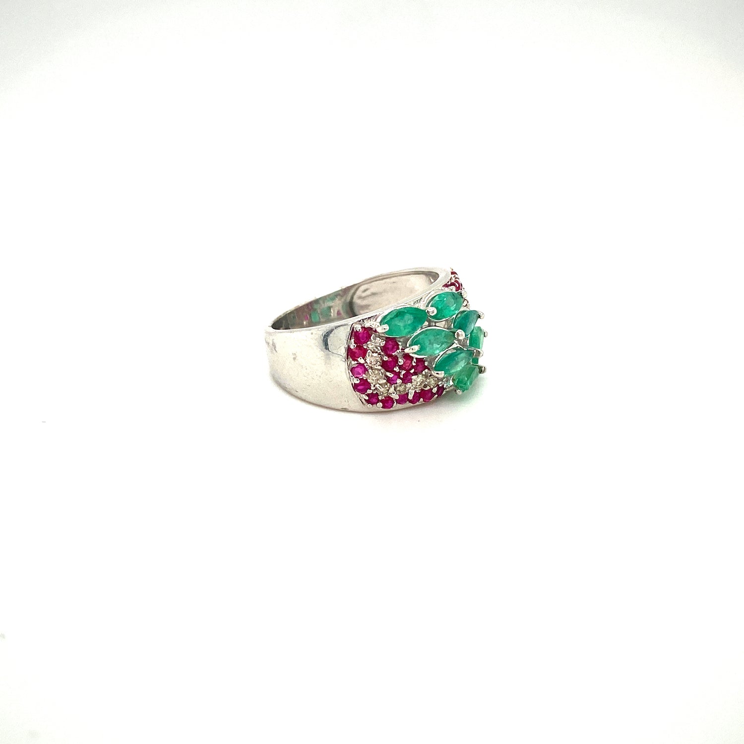 Natural Emerald with Ruby and Diamond Gemstone 925 Sterling Silver Ring - Side View | Paraiso Jewels
