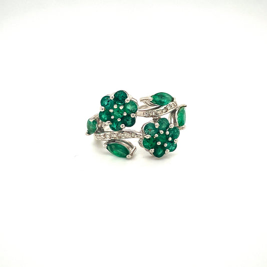 Natural Emerald and Diamond Gemstone 925 Sterling Silver Ring | Paraiso Jewels