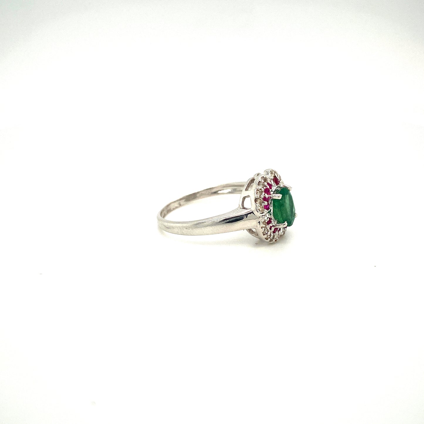 Natural Emerald with Ruby and Diamond Gemstone 925 Sterling Silver Ring - Side View | Paraiso Jewels