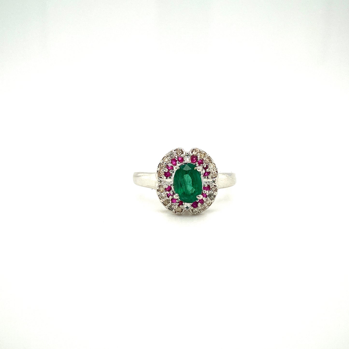 Natural Emerald with Ruby and Diamond Gemstone 925 Sterling Silver Ring | Paraiso Jewels