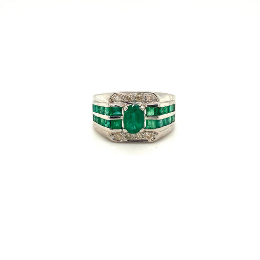 Natural Emerald With Diamond Gemstone Mens Ring
