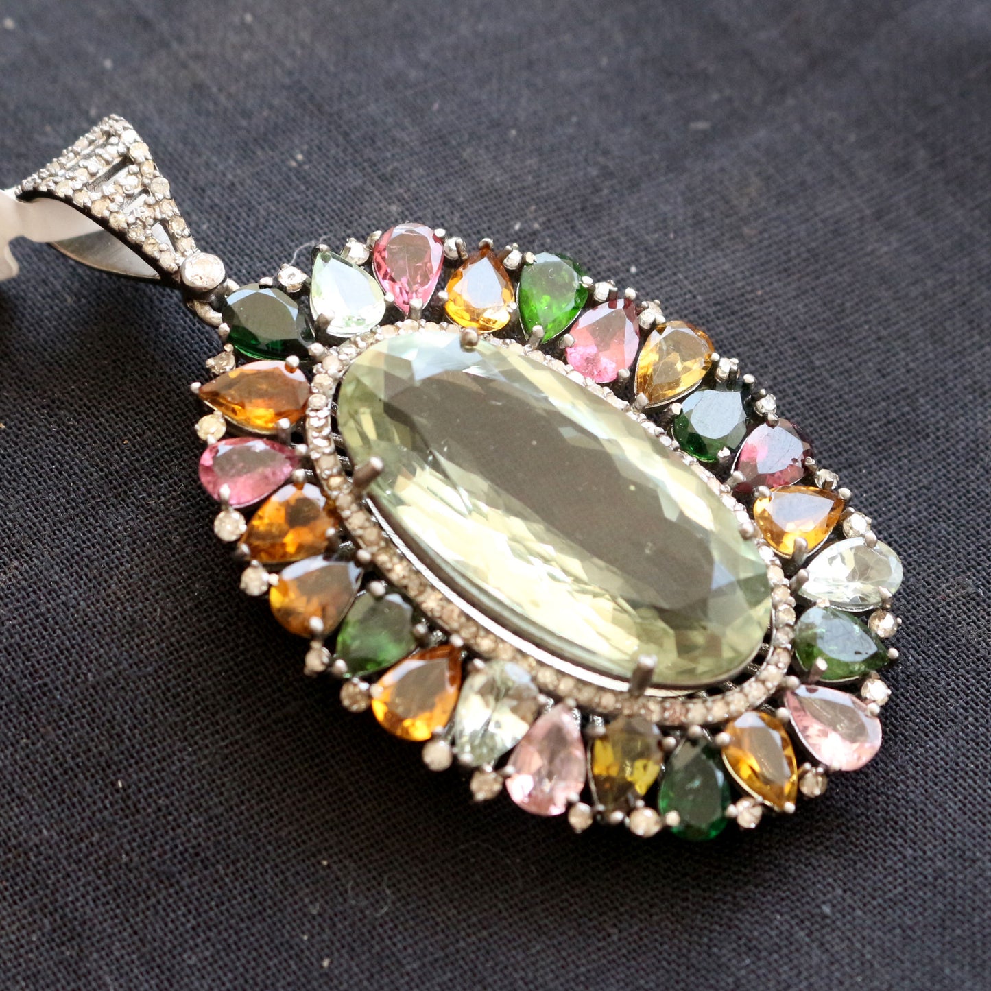 Multi Tourmaline and Green Amethyst Diamond Victorian Handmade Pendant