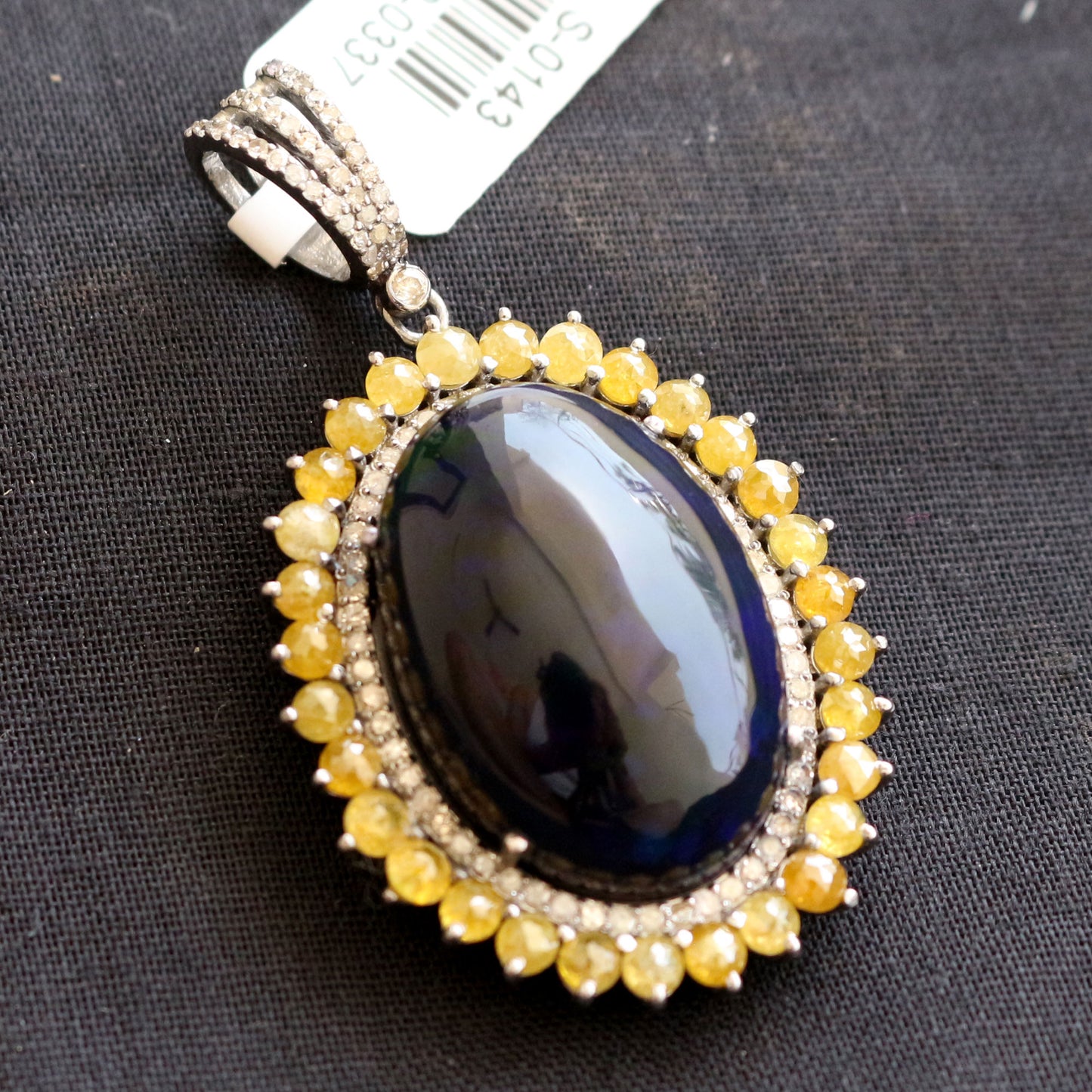 Natural Black Opal Yellow Sapphire and Diamond Victorian Pendant