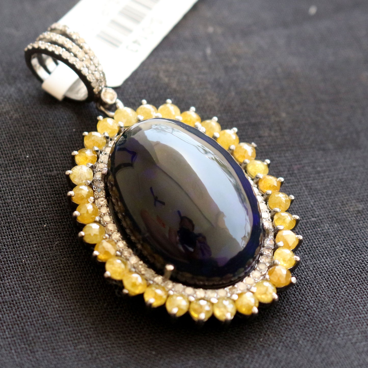 Natural Black Opal Yellow Sapphire and Diamond Victorian Pendant