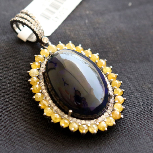Natural Black Opal Yellow Sapphire and Diamond Victorian Pendant | Paraiso Jewels