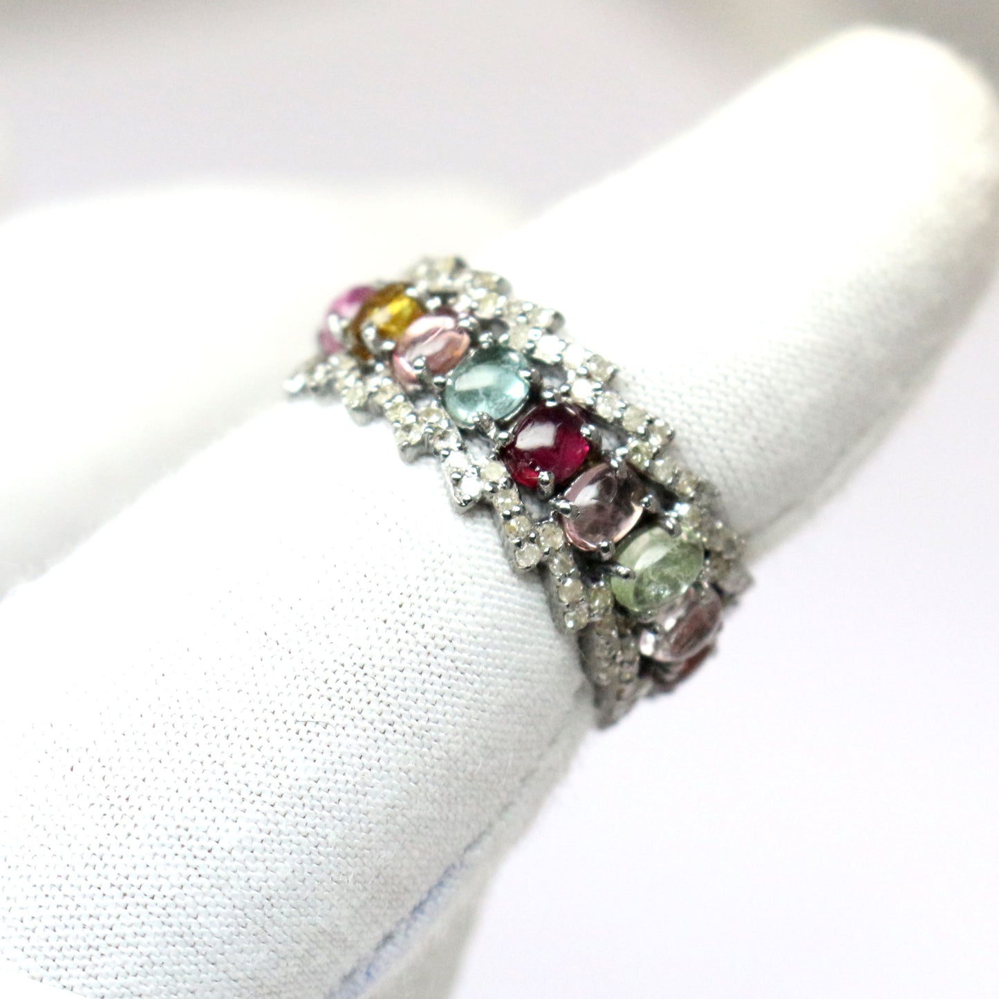 Natural Multi Tourmaline Diamond Silver Victorian Band Ring