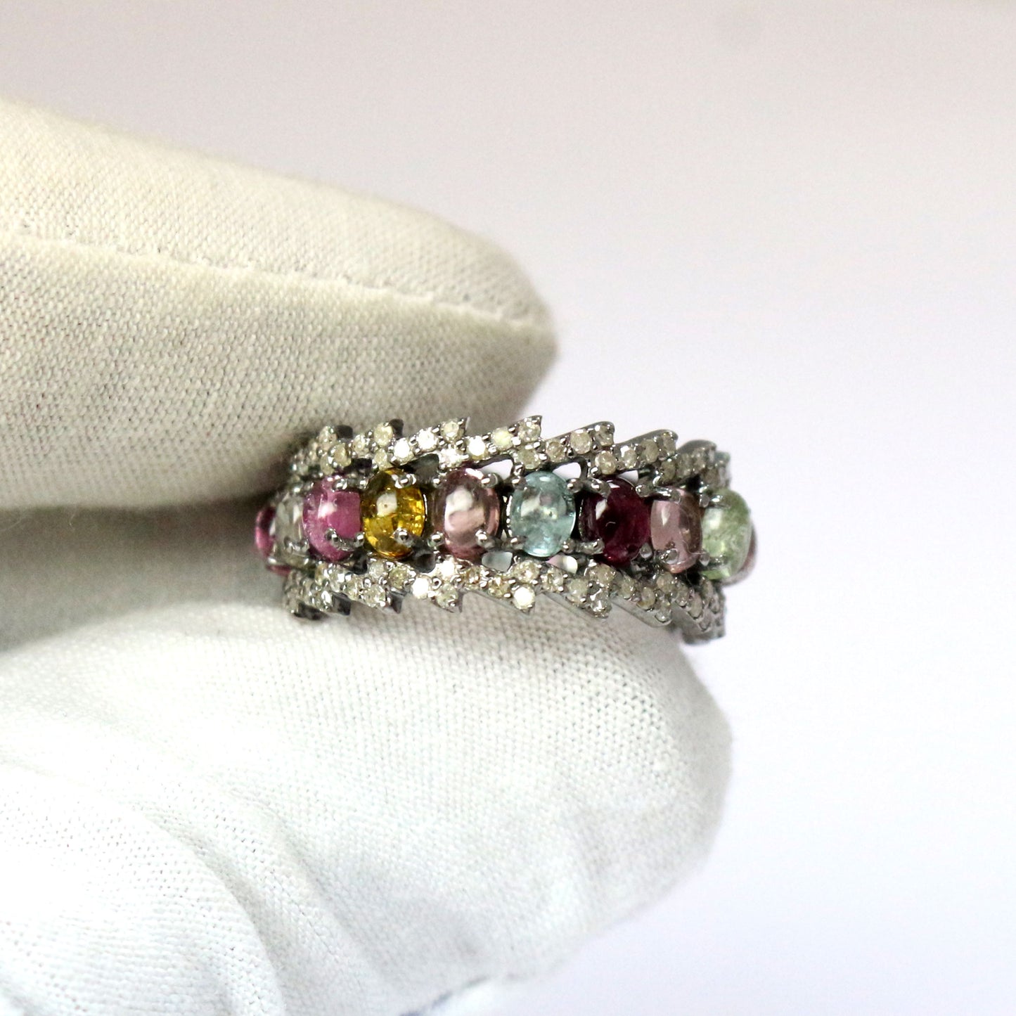 Natural Multi Tourmaline Diamond Silver Victorian Band Ring
