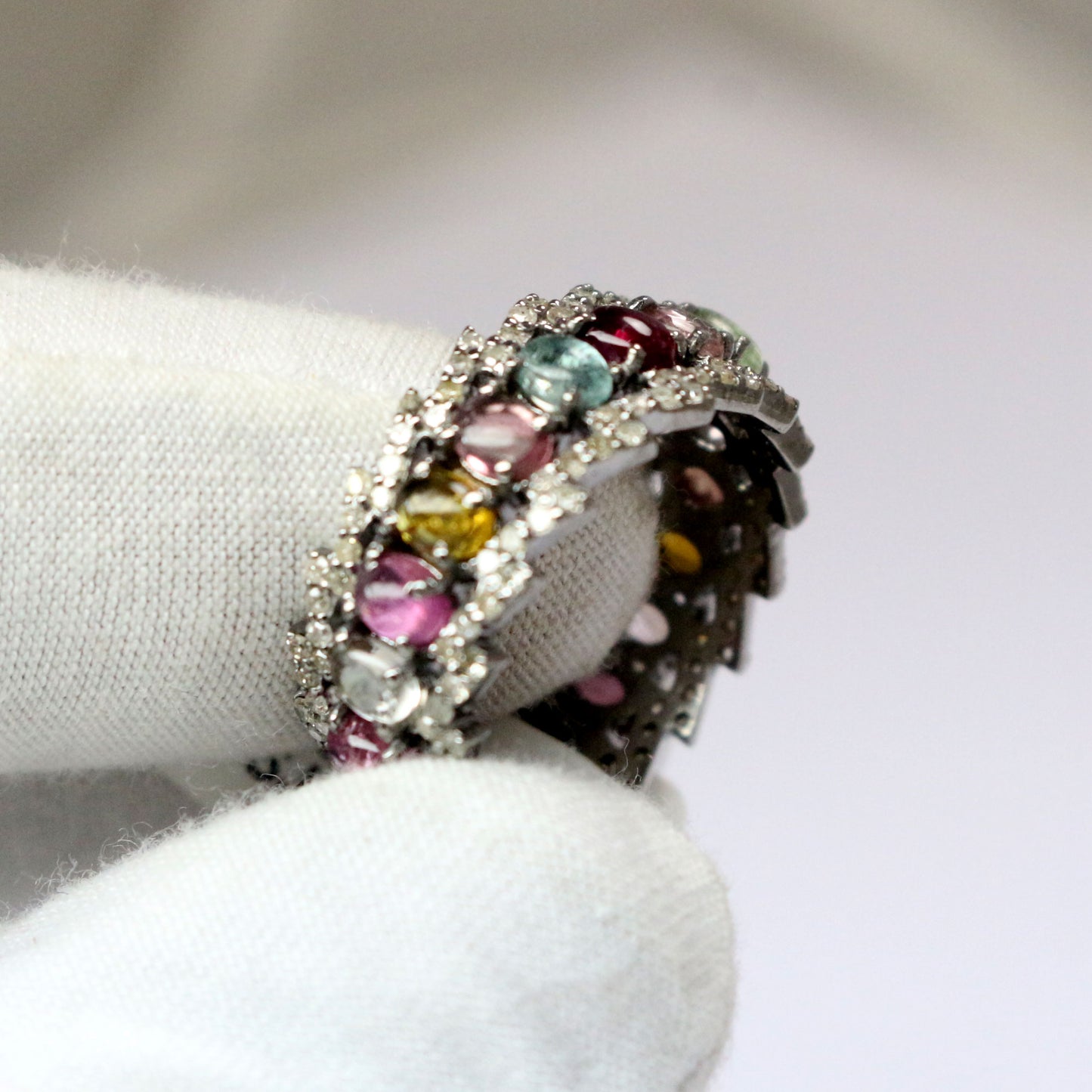 Natural Multi Tourmaline Diamond Silver Victorian Band Ring