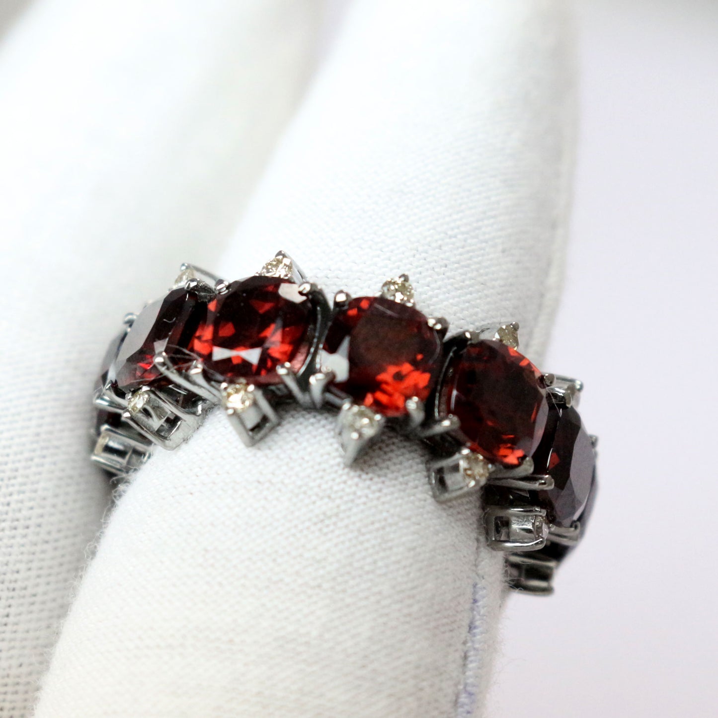 Natural Garnet Diamond Silver Victorian Band Ring
