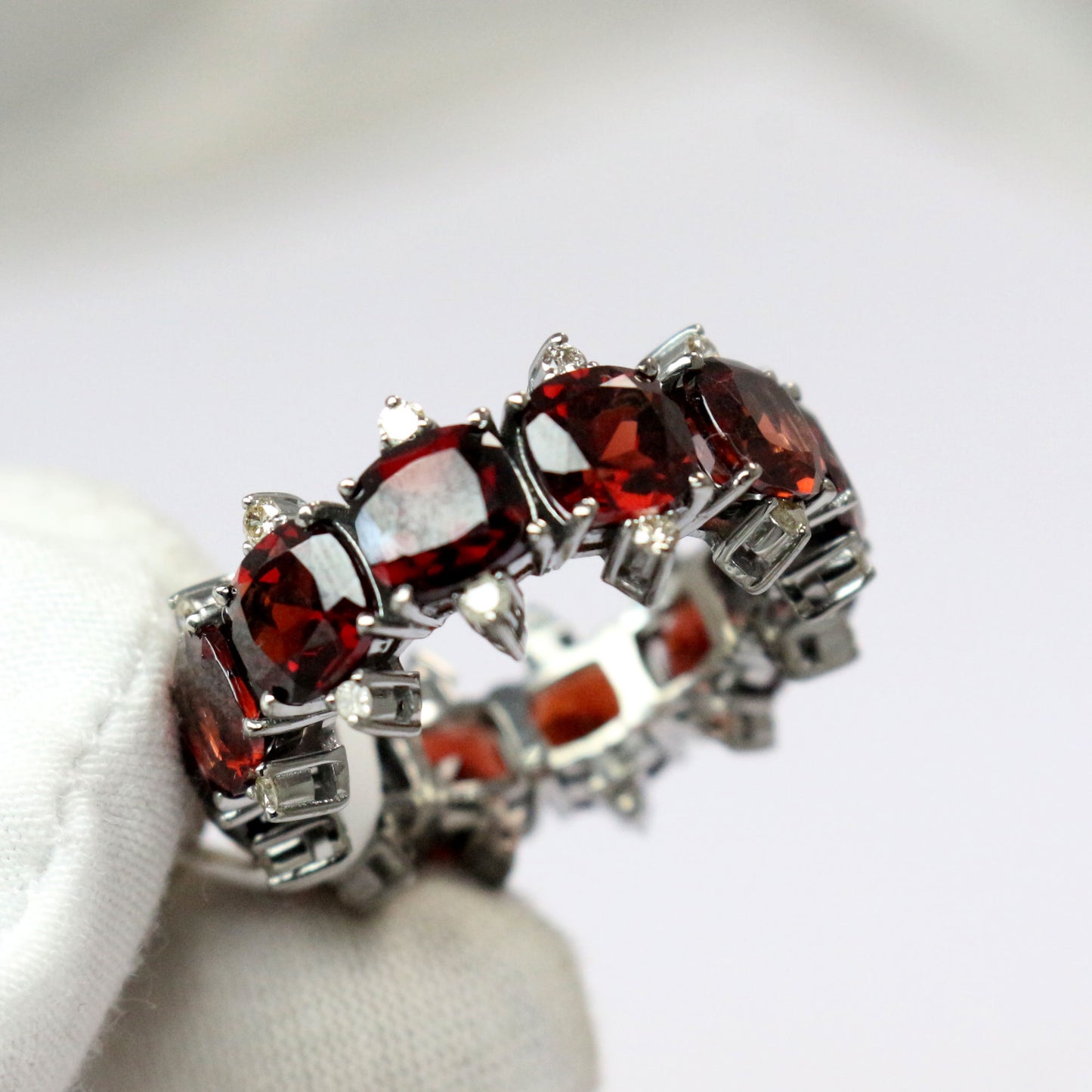 Natural Garnet Diamond Silver Victorian Band Ring