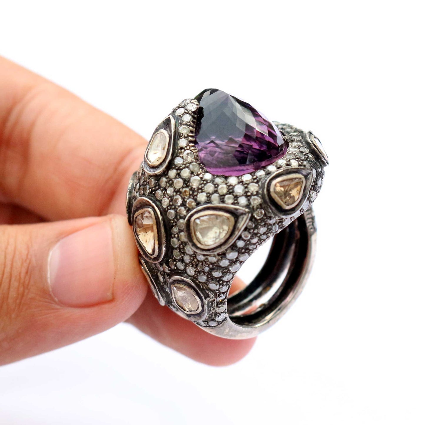 Natural Amethyst Diamond And Polki Silver Cocktail Victorian Style 925 Sterling Silver Ring