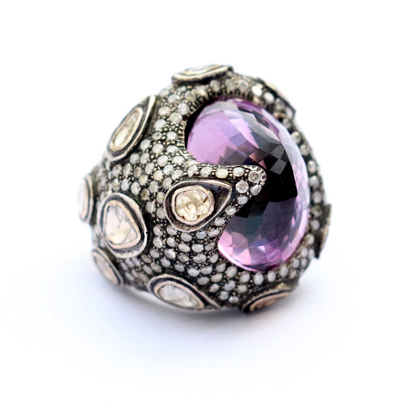 Natural Amethyst Diamond And Polki Silver Cocktail Victorian Style 925 Sterling Silver Ring