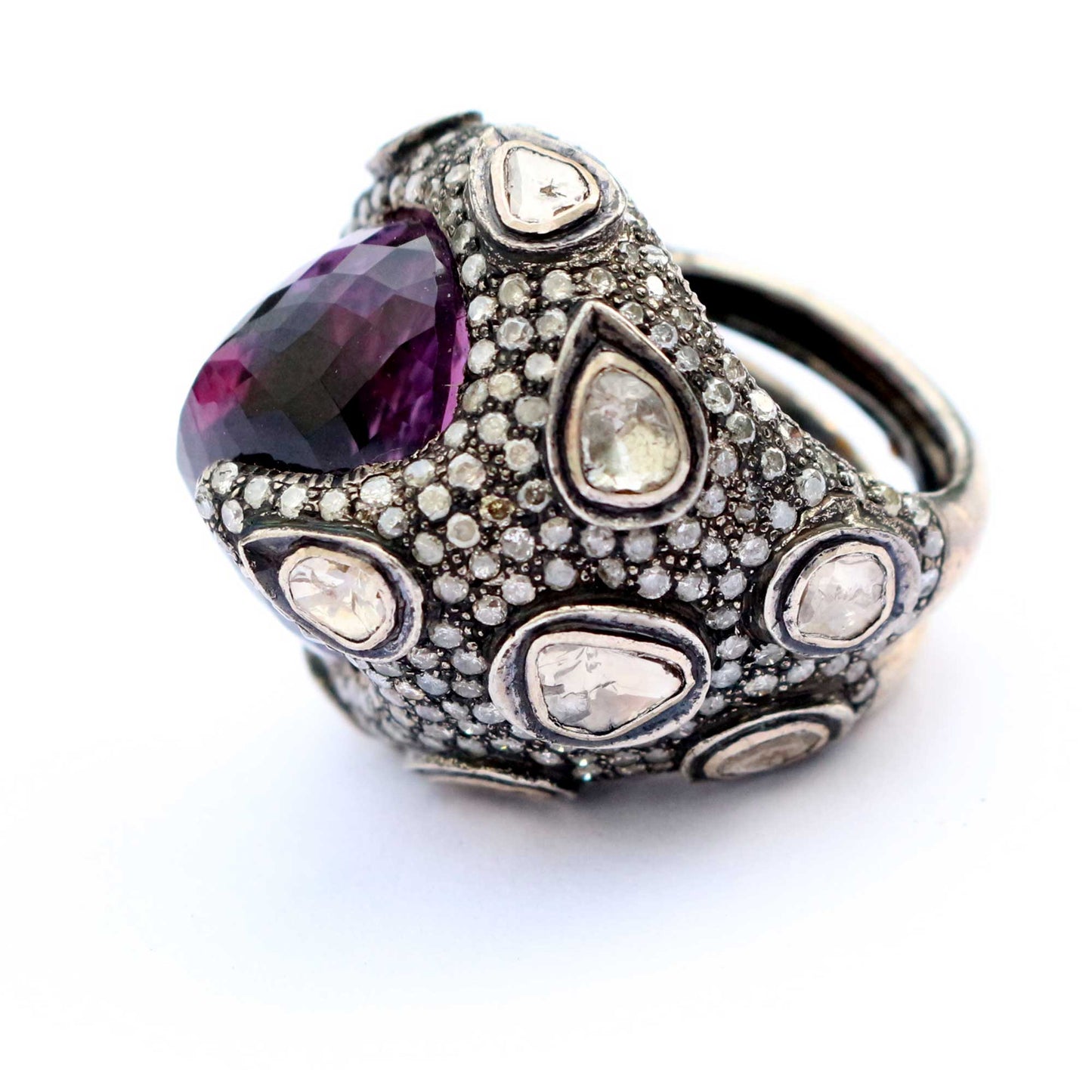 Natural Amethyst Diamond And Polki Silver Cocktail Victorian Style 925 Sterling Silver Ring