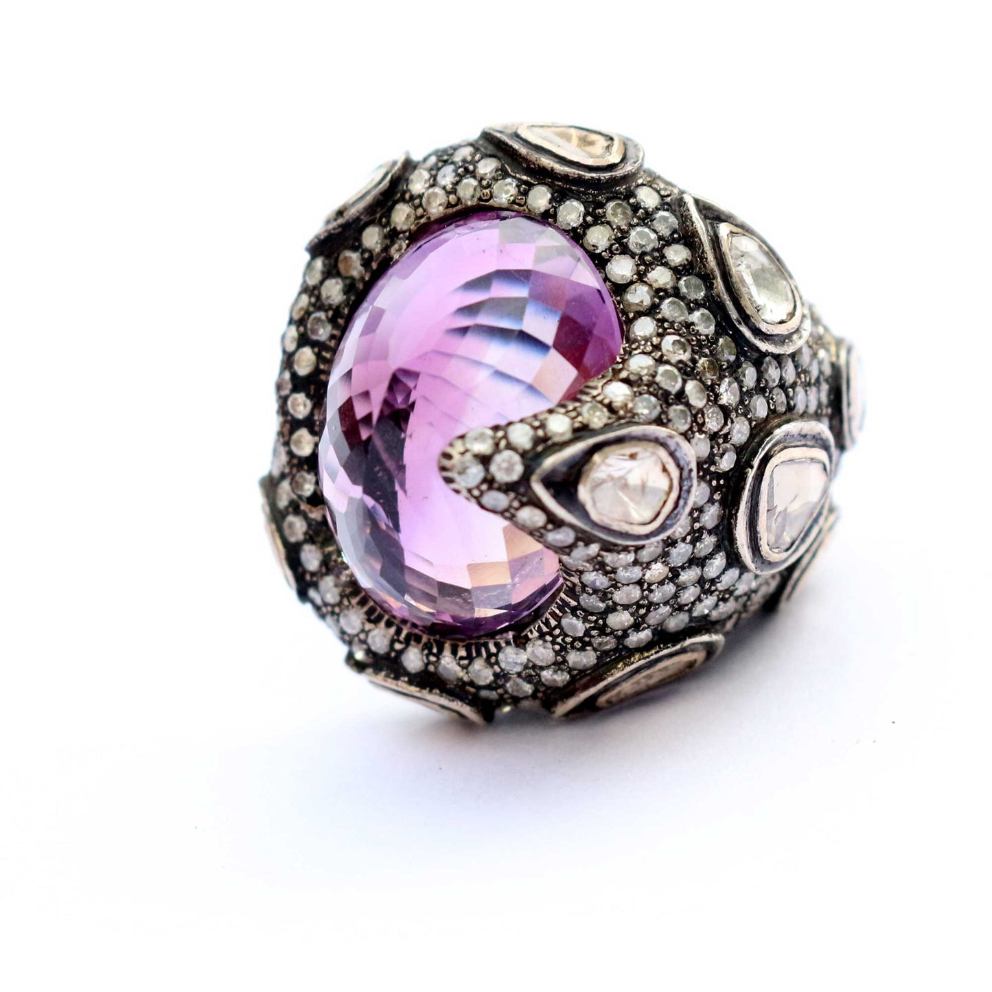Natural Amethyst Diamond And Polki Silver Cocktail Victorian Style 925 Sterling Silver Ring
