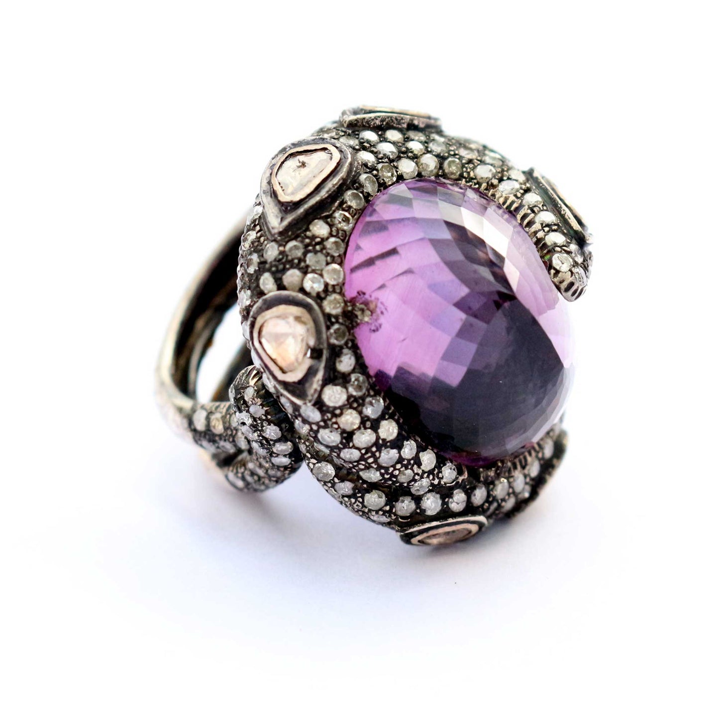 Natural Amethyst Diamond And Polki Silver Cocktail Victorian Style 925 Sterling Silver Ring